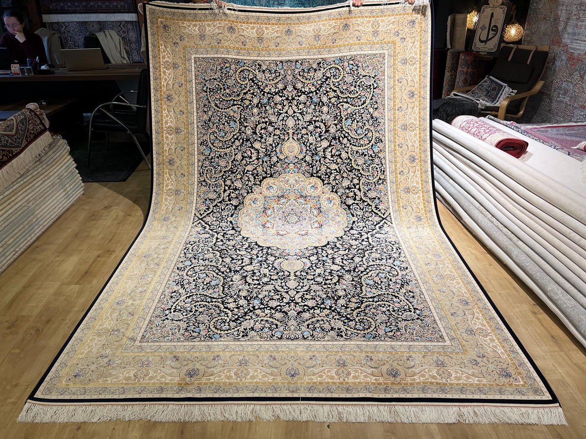 7x10ft Dark Blue Floral Silk Rug, Classic Medallion Oriental Area Rug, Living Room Carpet