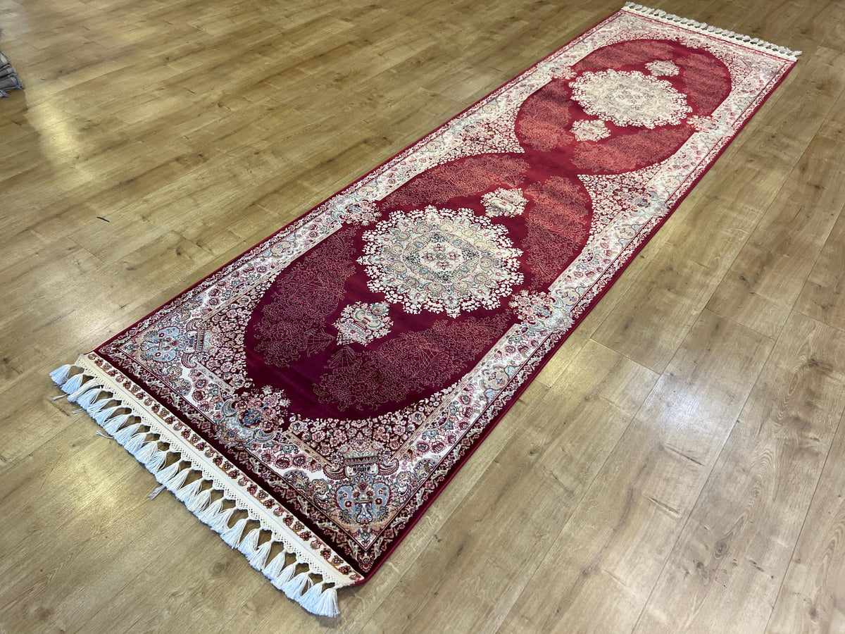 Red Silk Runner Rug, 3x10 ft, Medallion Design Classic Turkish Style Luxury Rug