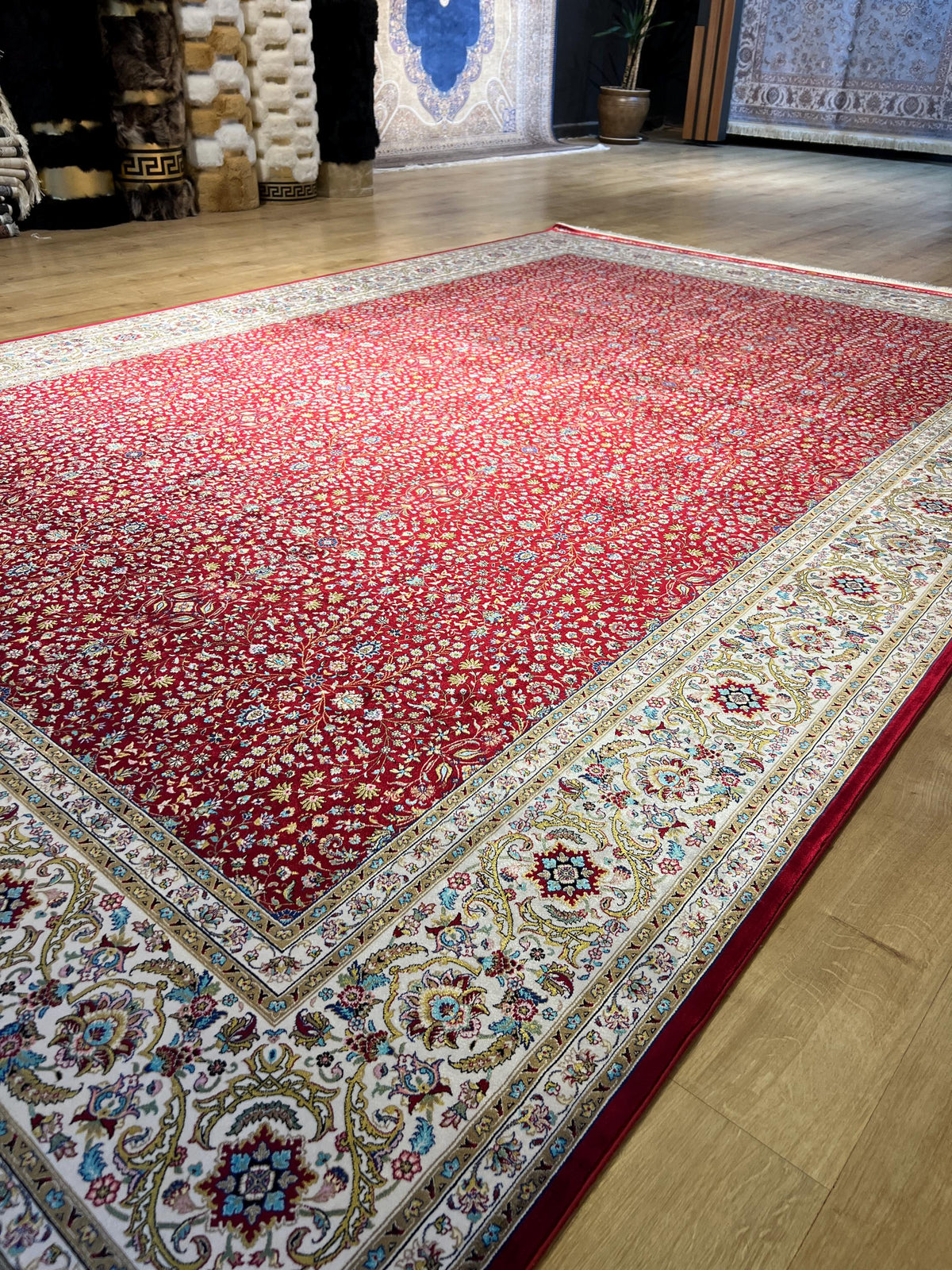7x10 Red Floral Modal Silk Rug, Turkish Carpet