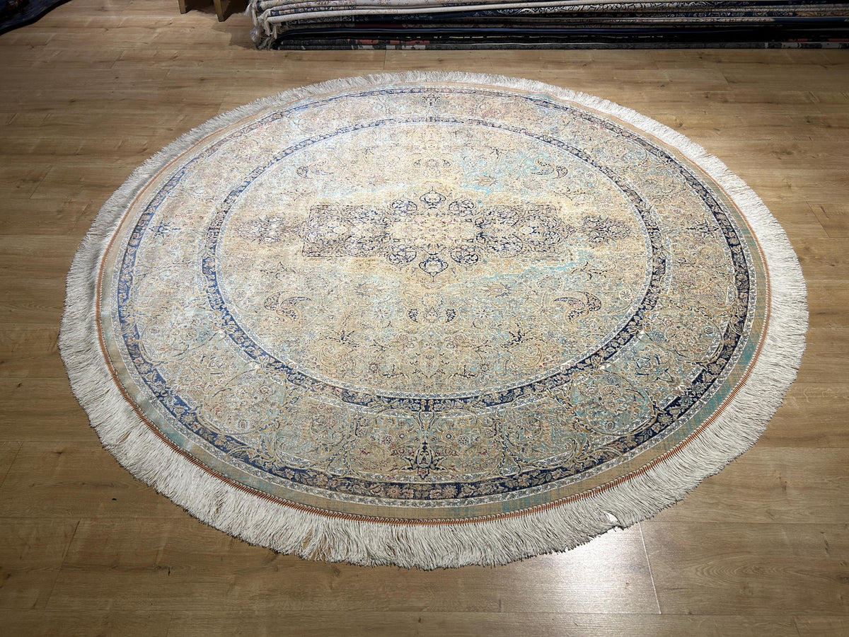 7x7 Ft Beige Blue Silk Rug, Distressed Pattern Medallion Carpet