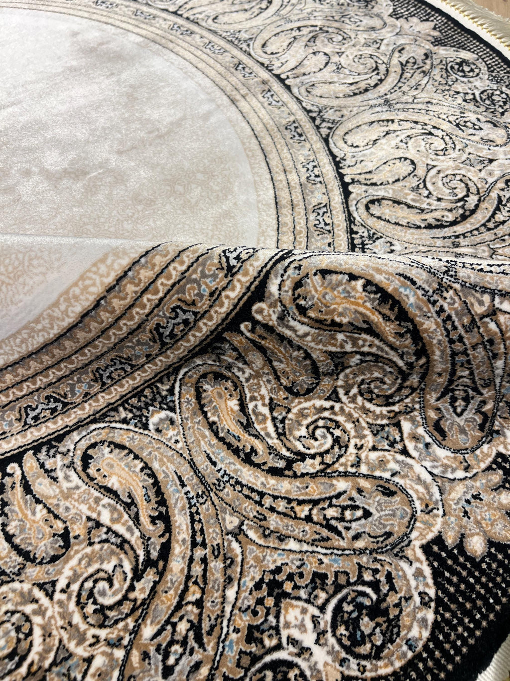 5x5 Ft Round Cream Silk Rug, Black Framed Border, Classic Luxury Turkish Rug