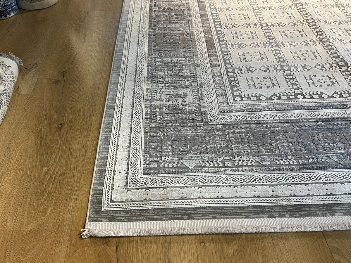 10x13 ft Gray Traditional Ethnic Geometric Bamboo Rug with Border