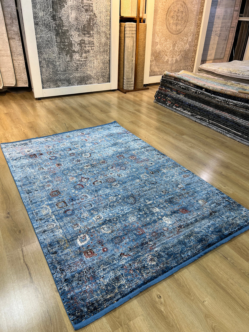 Blue Turkish Bamboo Rug, 5x8 ft, Home Decor Carpet