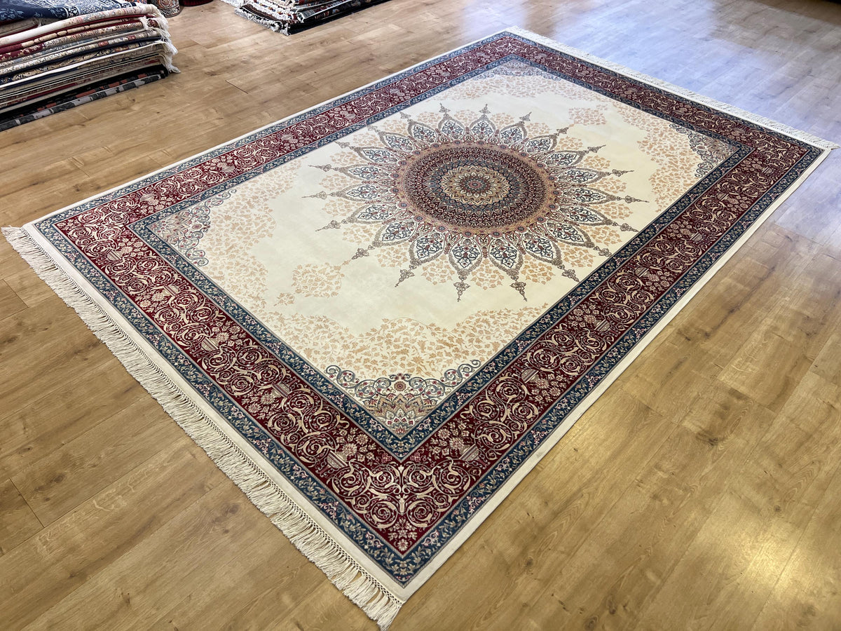 7x10 ft Cream Silk Rug with Red Blue Medallion and Border