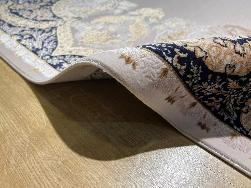 7x10 ft Modal Silk Turkish Rug, Gold & Blue Carpet
