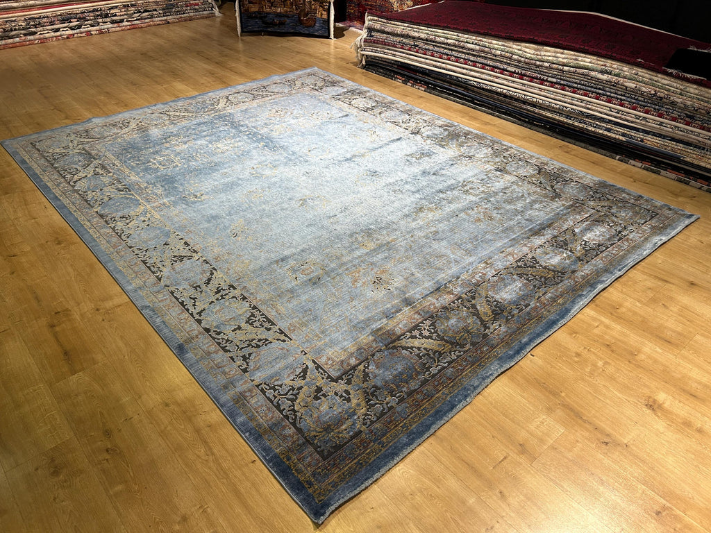 8x10 ft Blue Bamboo Rug, Distressed Pattern, Bordered Modern Rug