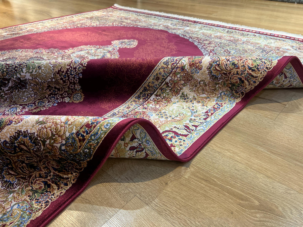 5x8 ft Red Silk Rug, Gold Green Floral Medallion, Elegant Turkish Carpet