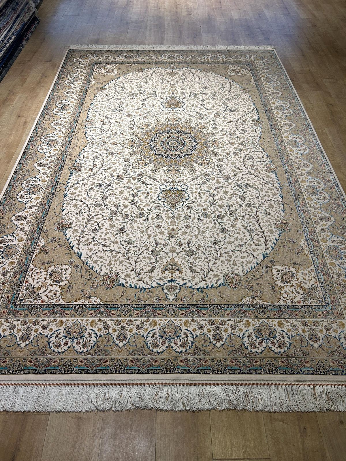 Ivort Silk Rug, Blue Beige Medallion Classic Luxury Turkish Carpet