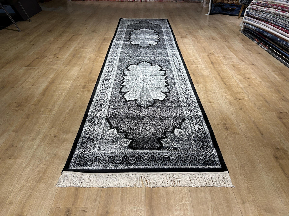 3x10 ft Black Gray Runner Silk Rug, Medallion Design, Classic Luxury Area Rug