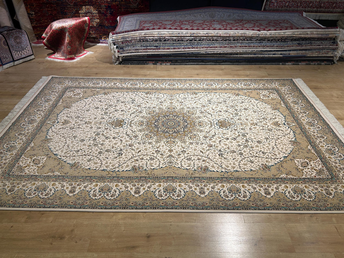 Ivort Silk Rug, Blue Beige Medallion Classic Luxury Turkish Carpet