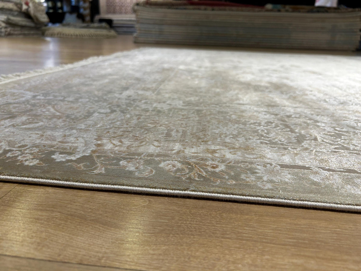 Light Brown Beige Silk Rug, Medallion Design Classic Silk Carpet