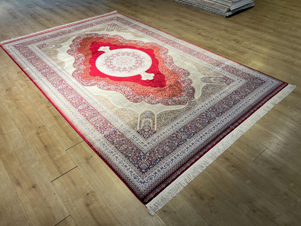 7x10 ft Large Modal Silk Rug, Red Gold Center Medallion, Luxury Living Room Decor