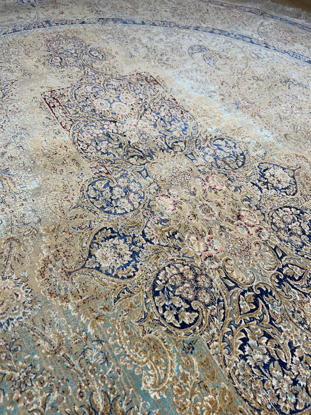 7x7 Ft Beige Blue Silk Rug, Distressed Pattern Medallion Carpet