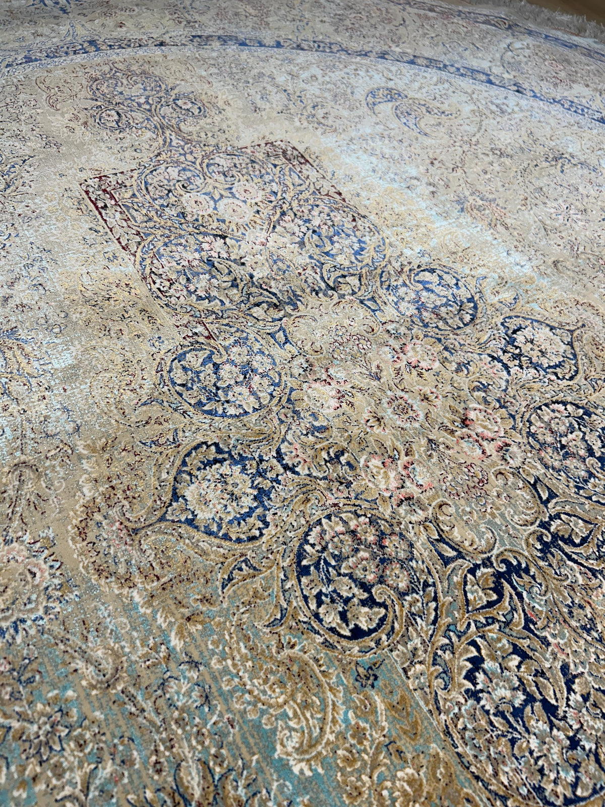 7x7 Ft Beige Blue Silk Rug, Distressed Pattern Medallion Carpet
