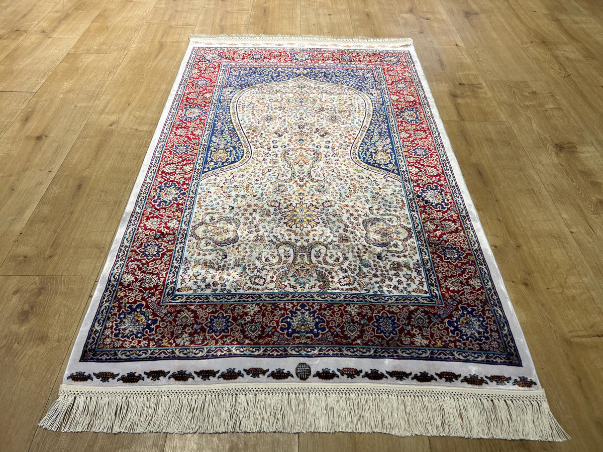Silk Prayer Rug, Red Blue Muslim Gift Mat, Janamaz Rug 2.62x4.10 ft