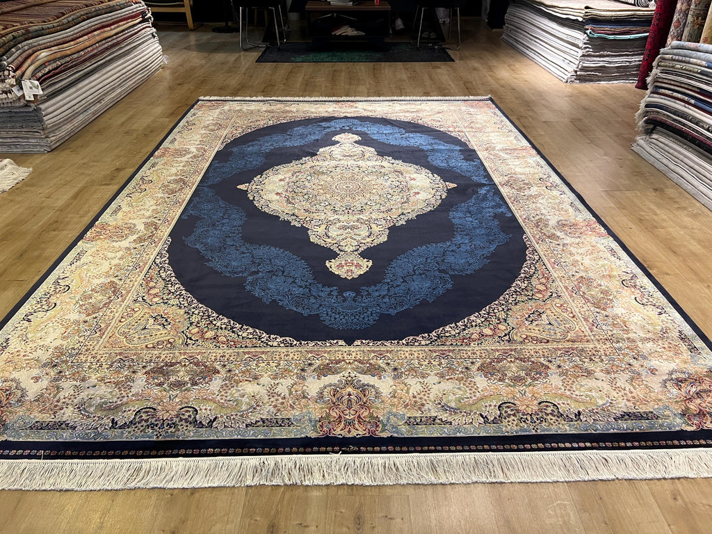 Navy Blue Modal Silk Rug 8x11, Turkish Palace Style