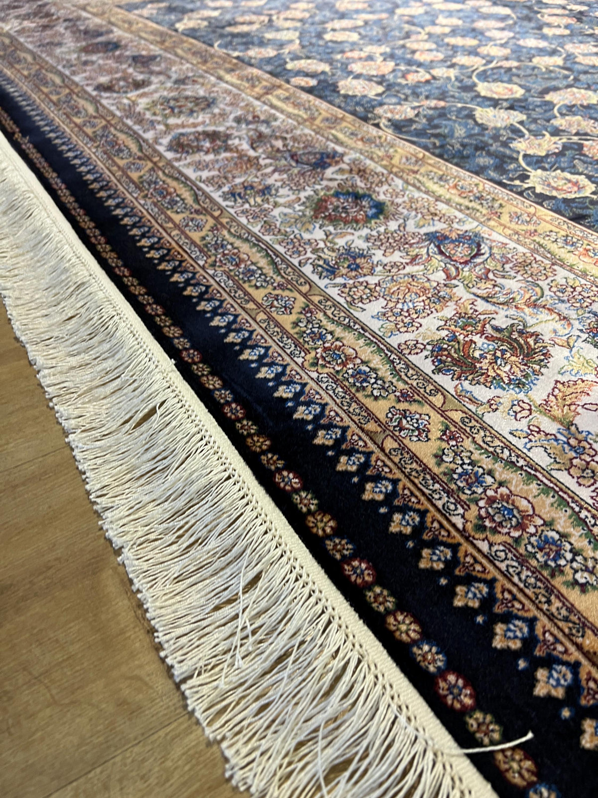 8x11 ft Blue Silk Bamboo Rug with Ivory Border and Gold Pattern, Classic Design