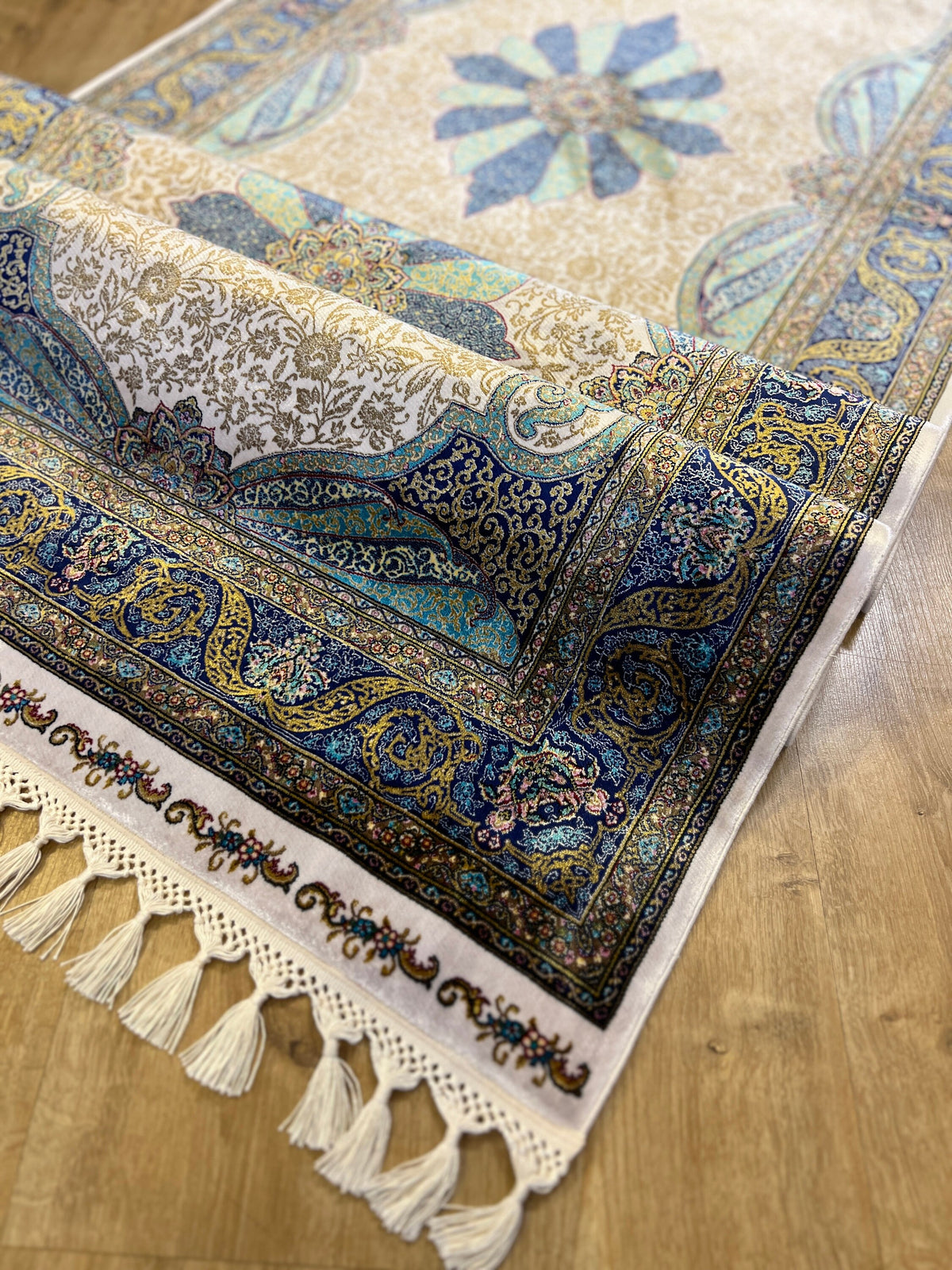 Turquoise Gold Medallion Silk Runner Rug, 3x10 ft, Classic Luxury Hallway Rug
