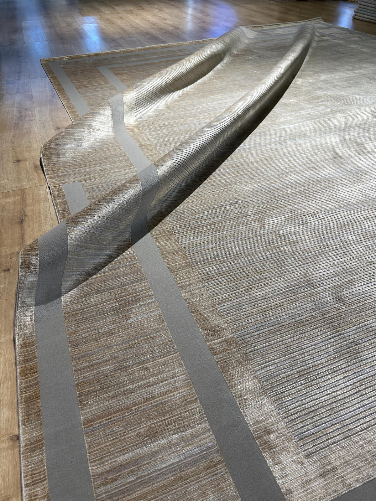 10x13 ft Beige Gray Bamboo Rug, Bordered Modern Rug