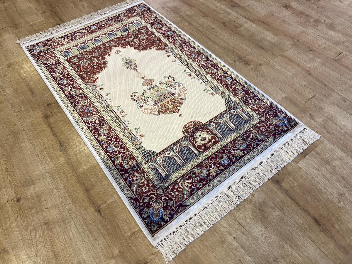 Silk Prayer Rug, Red Cream Muslim Gift Mat, Janamaz Rug 2.62x4.10 ft