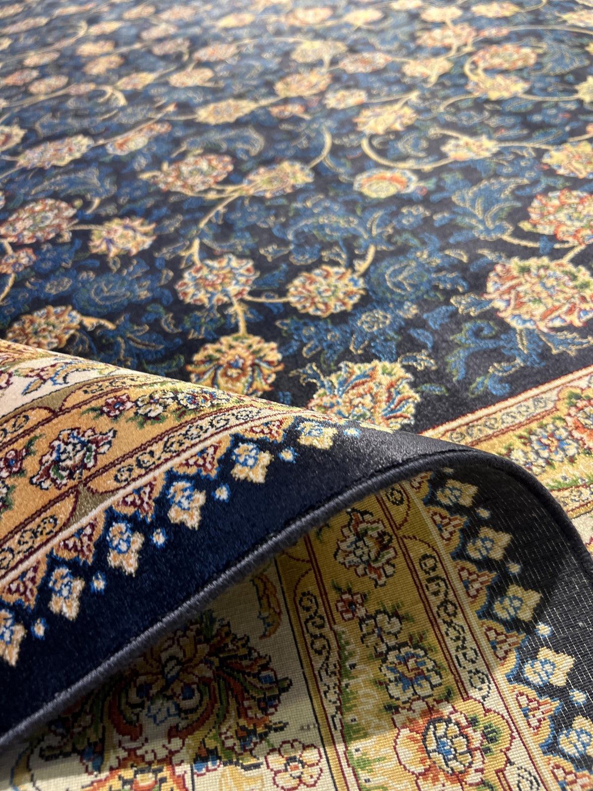 8x11 ft Blue Silk Bamboo Rug with Ivory Border and Gold Pattern, Classic Design