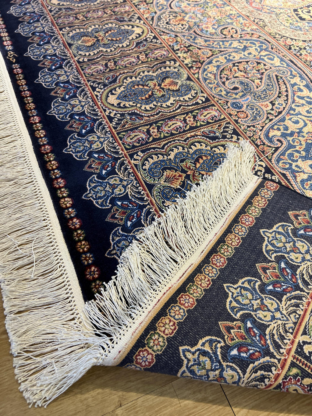 7x10 ft Blue Gold Silk Rug, Classic Turkish Carpet, Luxury Floral Design, Area Rug
