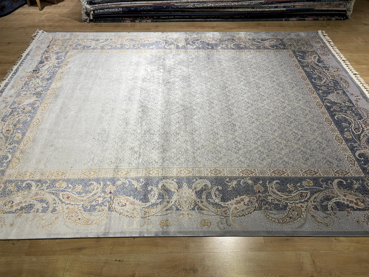 8x10 ft Gray Silk Rug,  Gray  Gold Border Design Turkish Carpet, Luxury Home Decor
