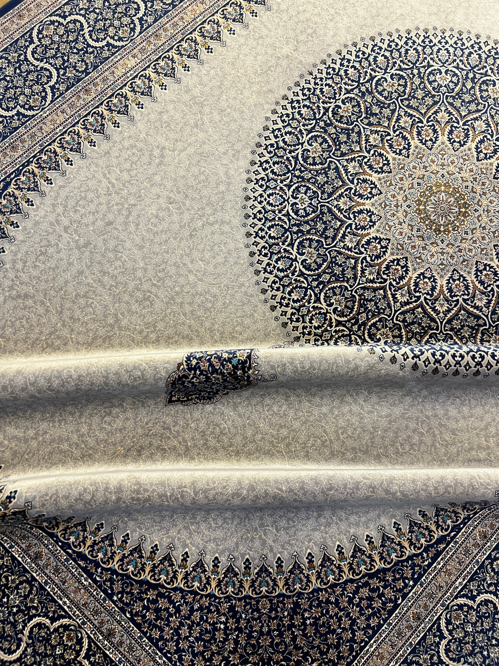 7x10 ft Grey Silk Rug, Navy Medallion and Border, Classic Design