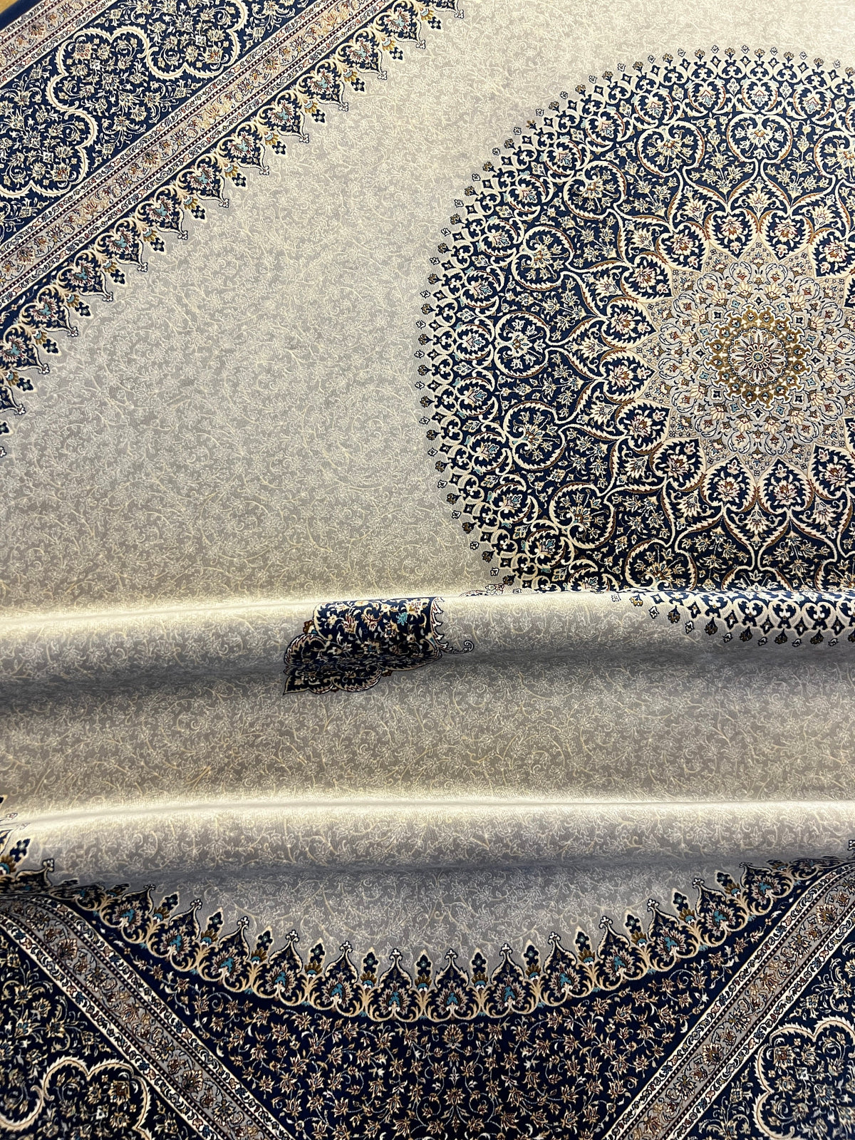 7x10 ft Grey Silk Rug, Navy Medallion and Border, Classic Design