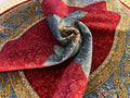 5x5 ft Red Silk Round Rug, Blue Medallion, Classic Traditional Style Carpet