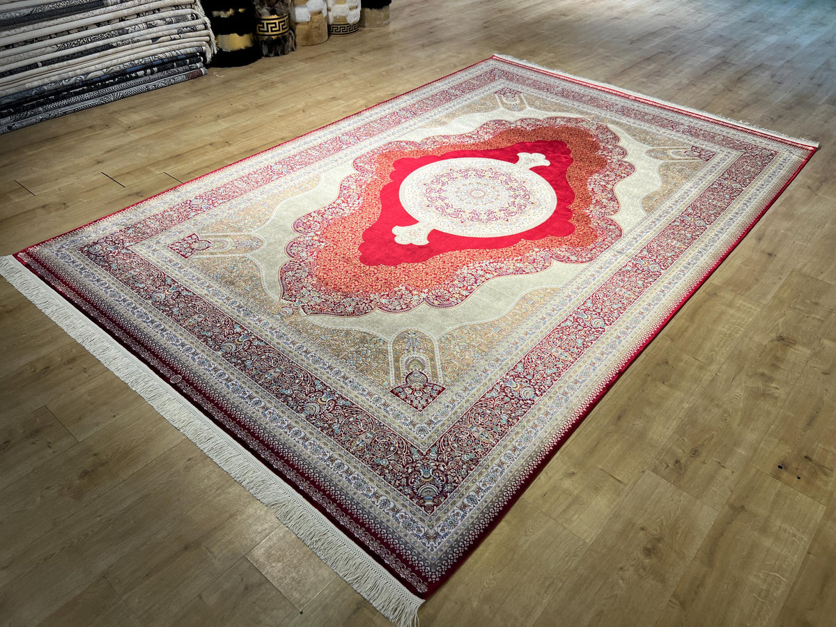 7x10 ft Large Modal Silk Rug, Red Gold Center Medallion, Luxury Living Room Decor