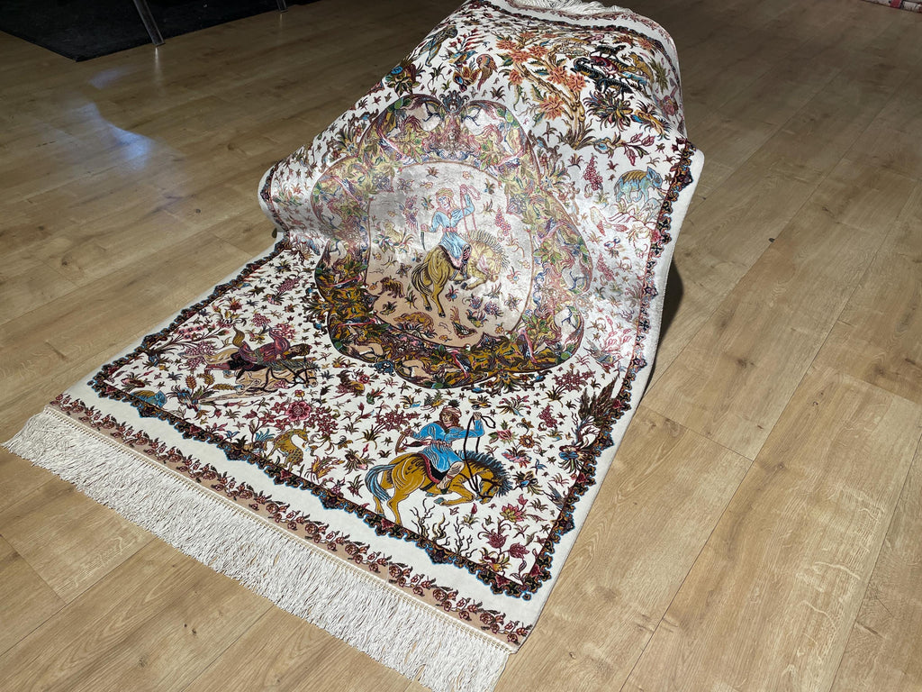 Ivory Decorative Silk Tapestry Rug With Art Motifs, Floral Design
