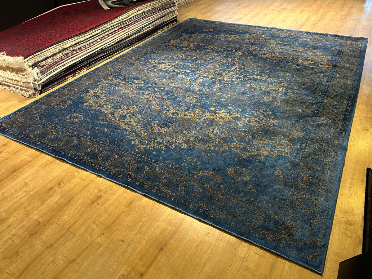 10x13 ft Blue Gold Gray Bamboo Rug, Distressed Pattern, Modern Rug