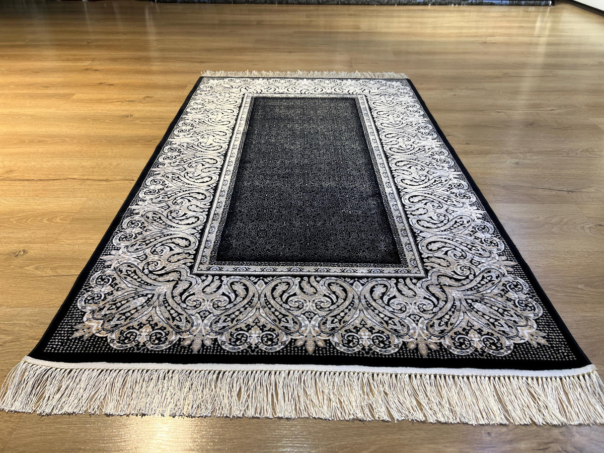 Black Silk Rug with Framed Border, 3x5 ft, Classic Luxury Small Rug