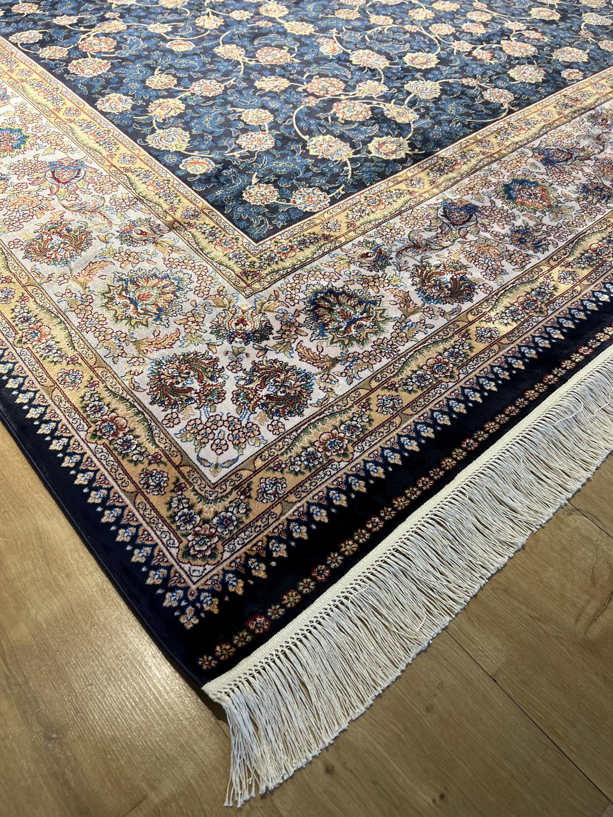 8x11 ft Blue Silk Bamboo Rug with Ivory Border and Gold Pattern, Classic Design