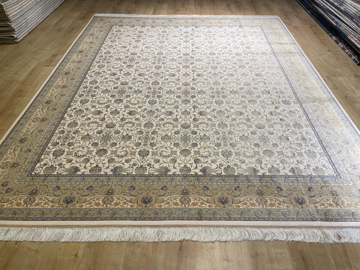 8x10 Ft Cream Modal Silk Rug, Beige Border Floral Design, Classic Elegant Large Rug