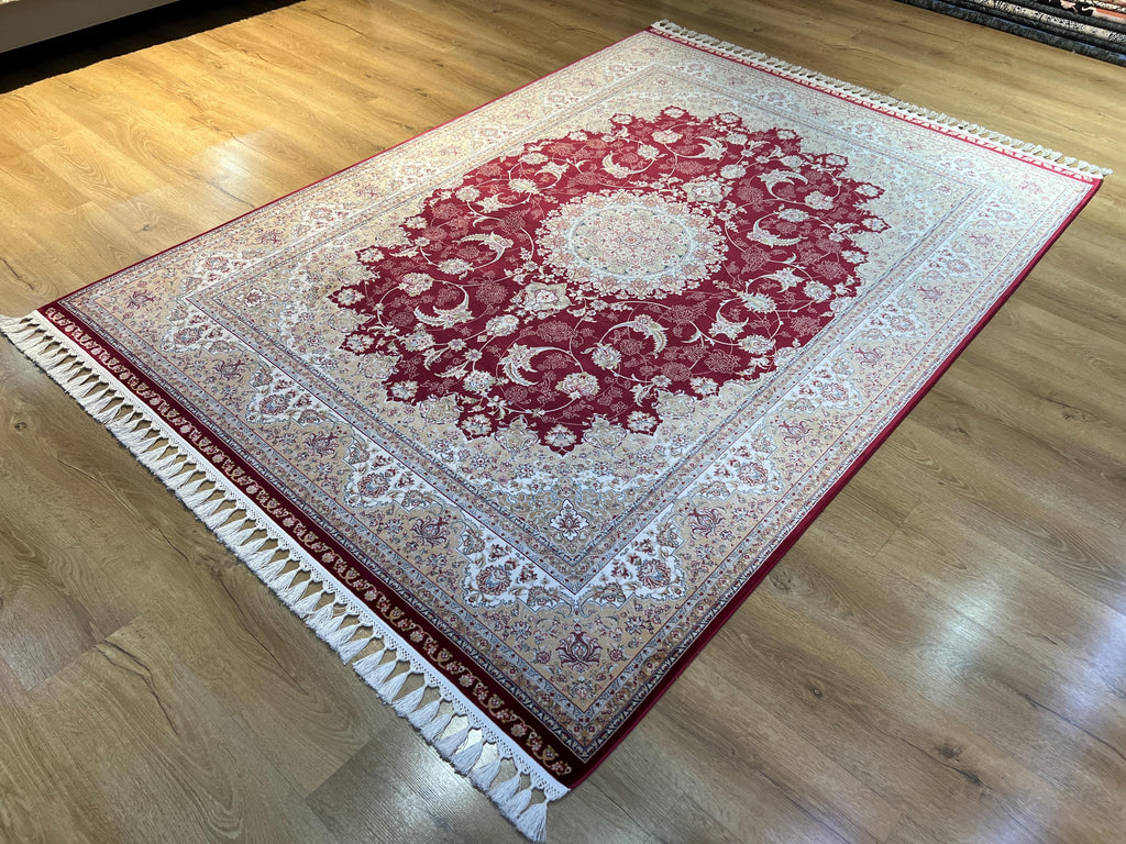5x8 ft Classic Silk Carpet, Red Base Gold Medallion, Turkish Style