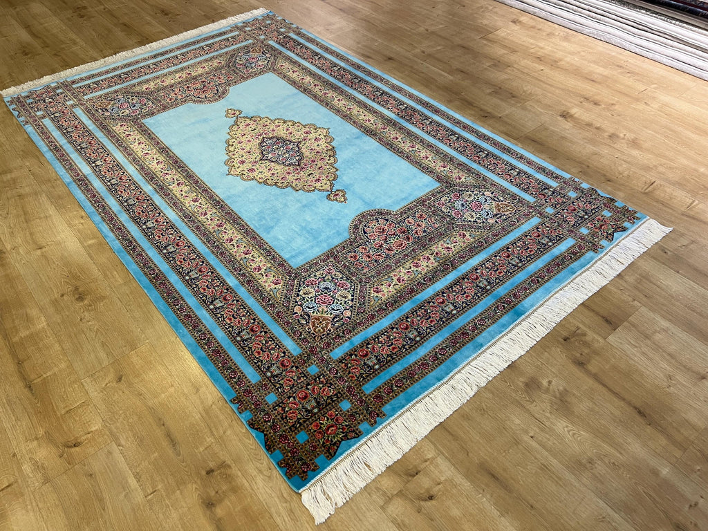 5x8 ft Blue Silk Area Rug, Floral Medallion Classic Style, Luxury Home Decor