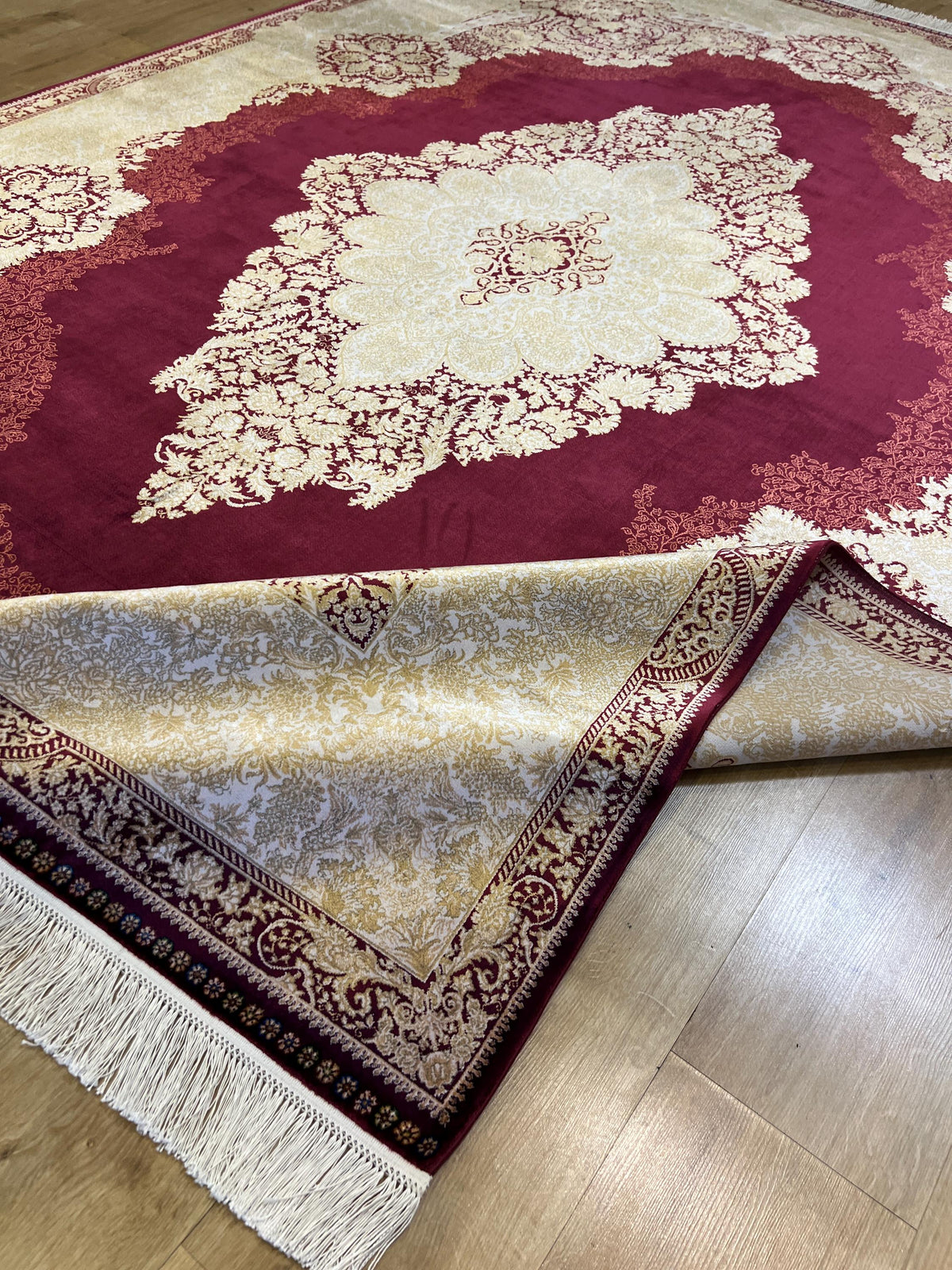 7x10 ft Red Silk Rug with Gold Medallion – Classic Turkish Style Luxury Carpet