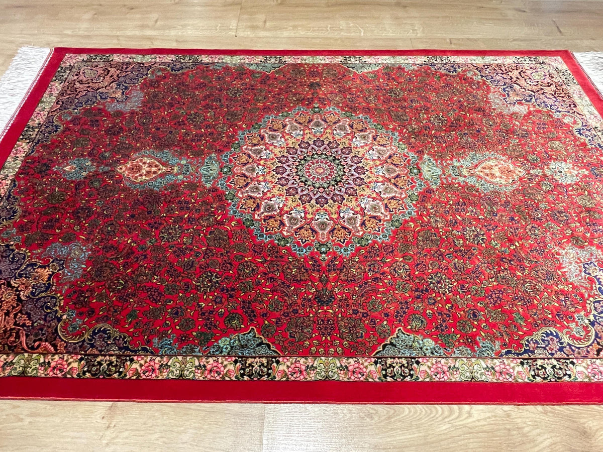 Red Small Silk Rug, Medallion Design Small Gift Carpet, Luxury Home Decor