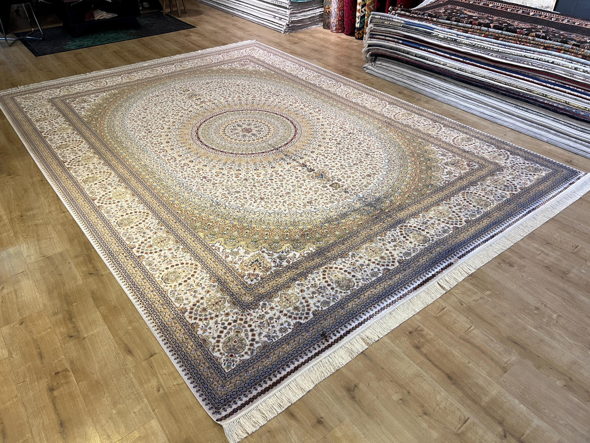 Bamboo Silk Ivory Rug 10x13 ft, Luxury Large Rug with Classic Medallion Design