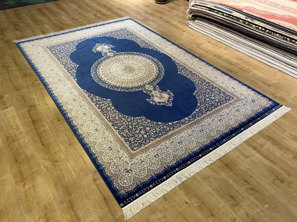 7x10 ft Blue Silk Rug, Classic Medallion Design, Luxury Turkish Style