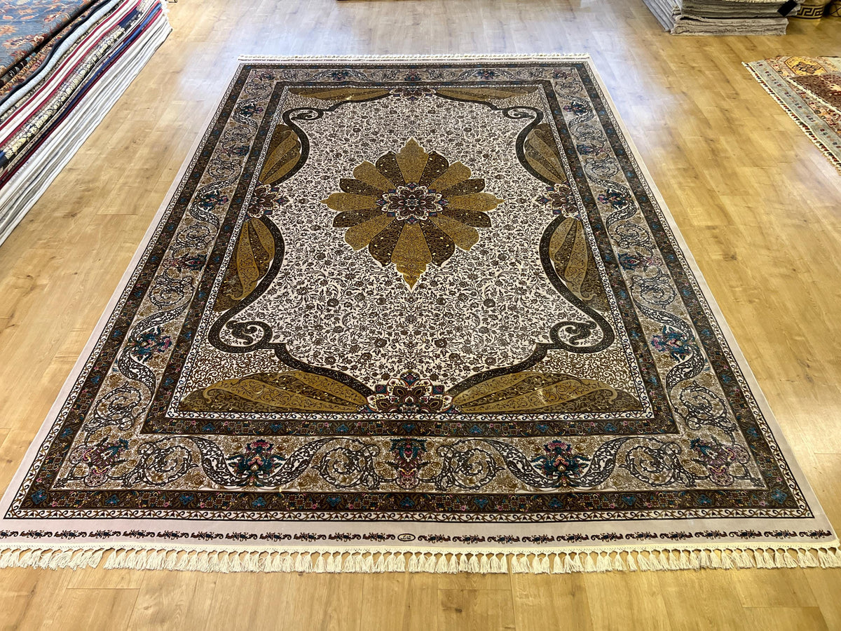 Gold Ivory Modal Silk Rug 8x11 ft, Medallion Design