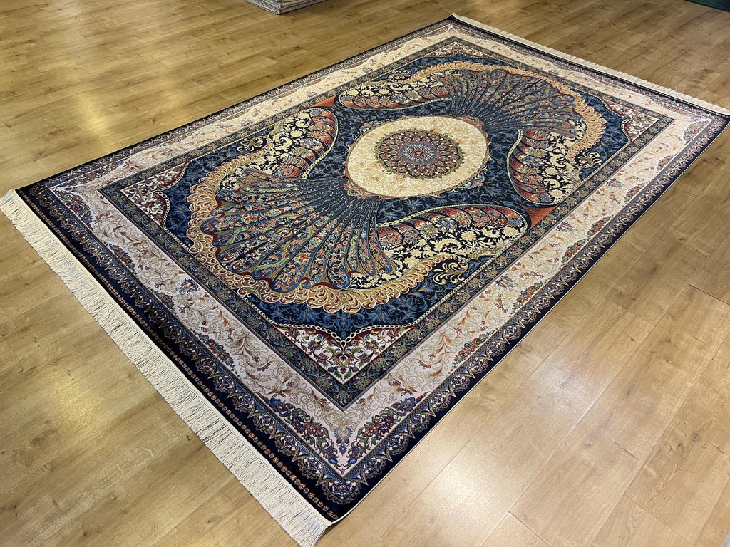 7x10 ft Navy Silk Rug with Peacock Medallion, Classic Luxury Design