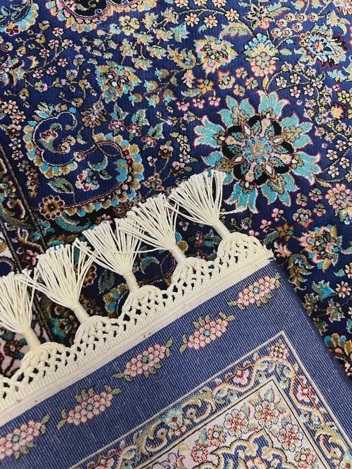 Navy Blue Silk Muslim Prayer Rug, Janamaz Mat, Prayer Gift