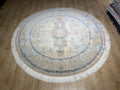 7x7 Ft Beige Blue Silk Rug, Distressed Pattern Medallion Carpet