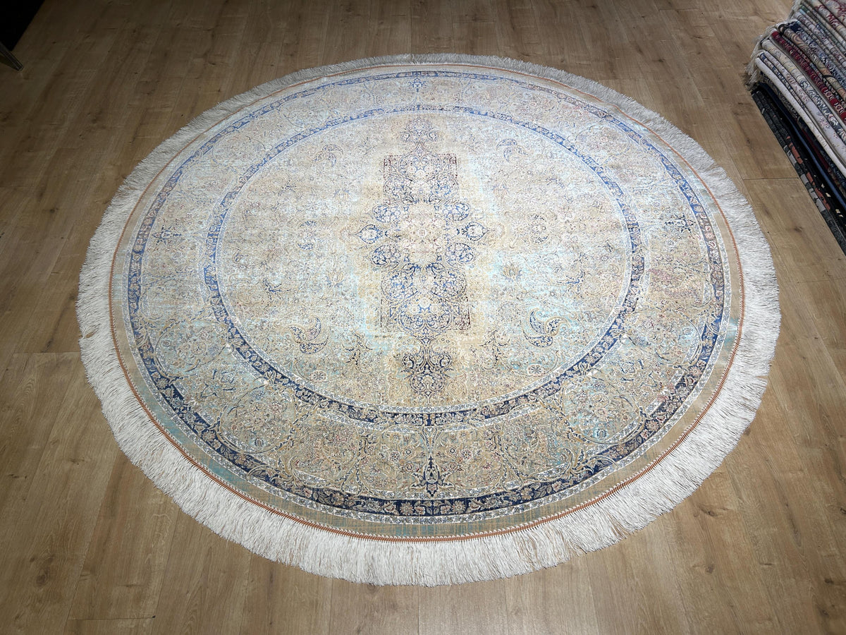 7x7 Ft Beige Blue Silk Rug, Distressed Pattern Medallion Carpet