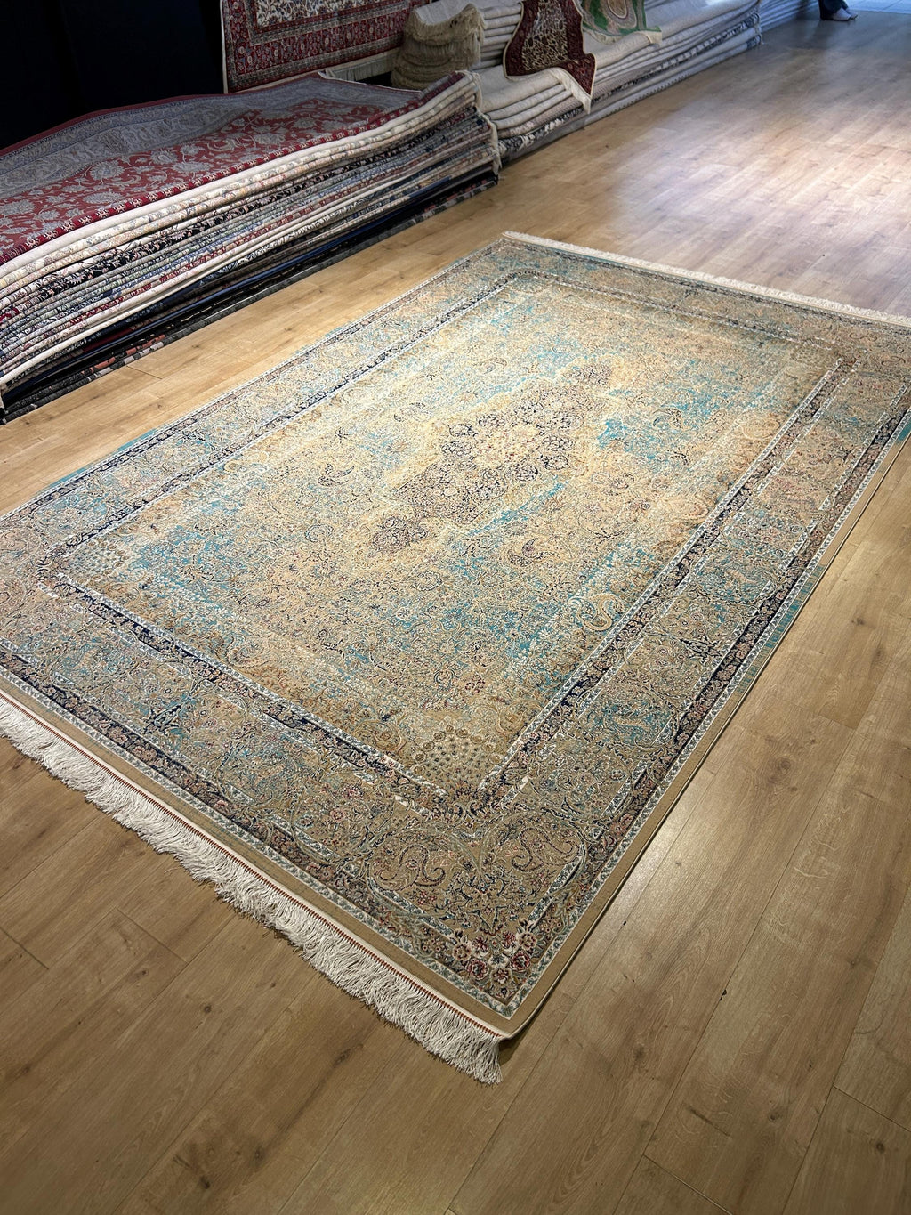 Beige Blue Silk Rug, Classic Silk Carpet with Distressed Pattern