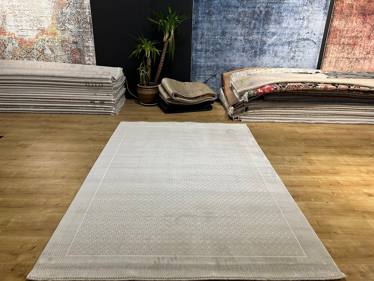 5x8 ft Ivory Bamboo Rug, Modern Bordered Bamboo Carpet