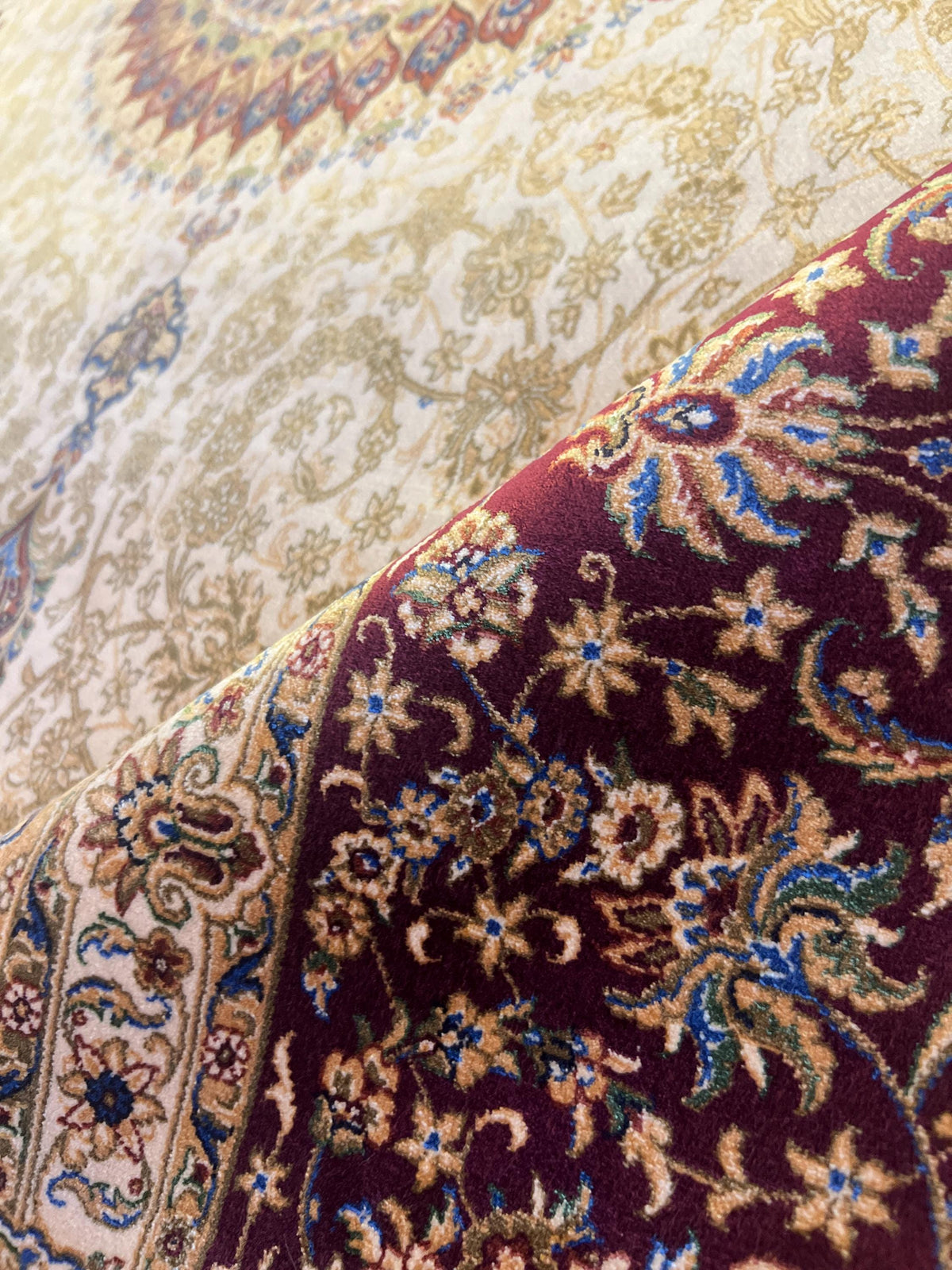 7x10 Bamboo Silk Rug, Red Gold Medallion Design, Beige Classic Turkish Carpet